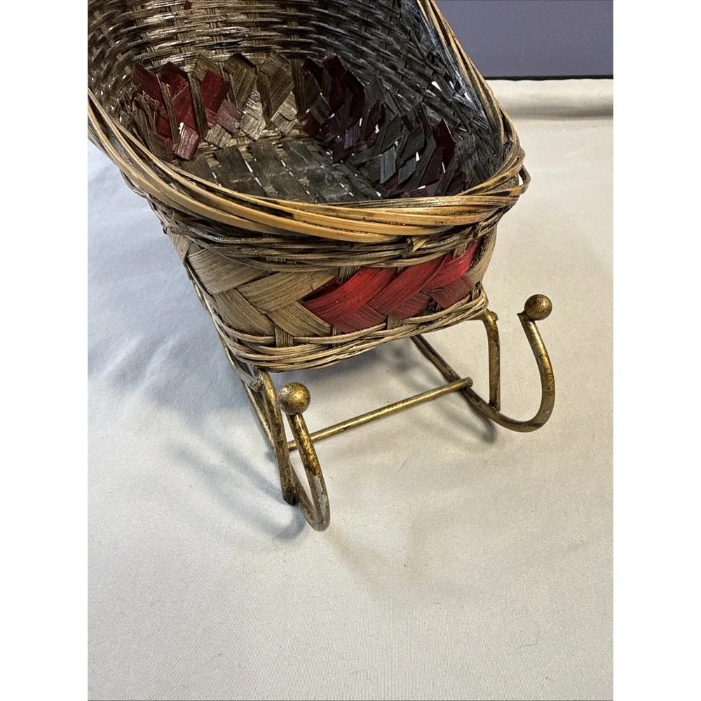 Vintage Christmas Wicker Sleigh Basket with Gold-Tone Metal Runners